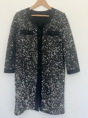 Misook Black Sequin-Embellished Shiny Long Blazer Coat Cardigan Sweater Medium